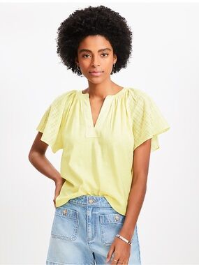 LOFT Yellow Flutter Sleeve Mixed-Media Top
